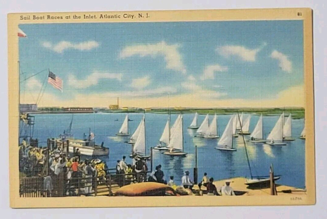 Atlantic City NJ Sailboat Races At The Inlet Vintage Linen Postcard