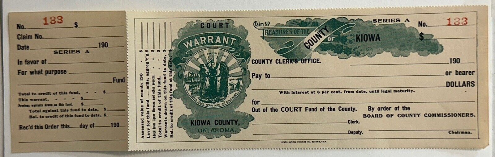 Kiowa County Oklahoma Territory 190_  Court Warrant UNC Check NR