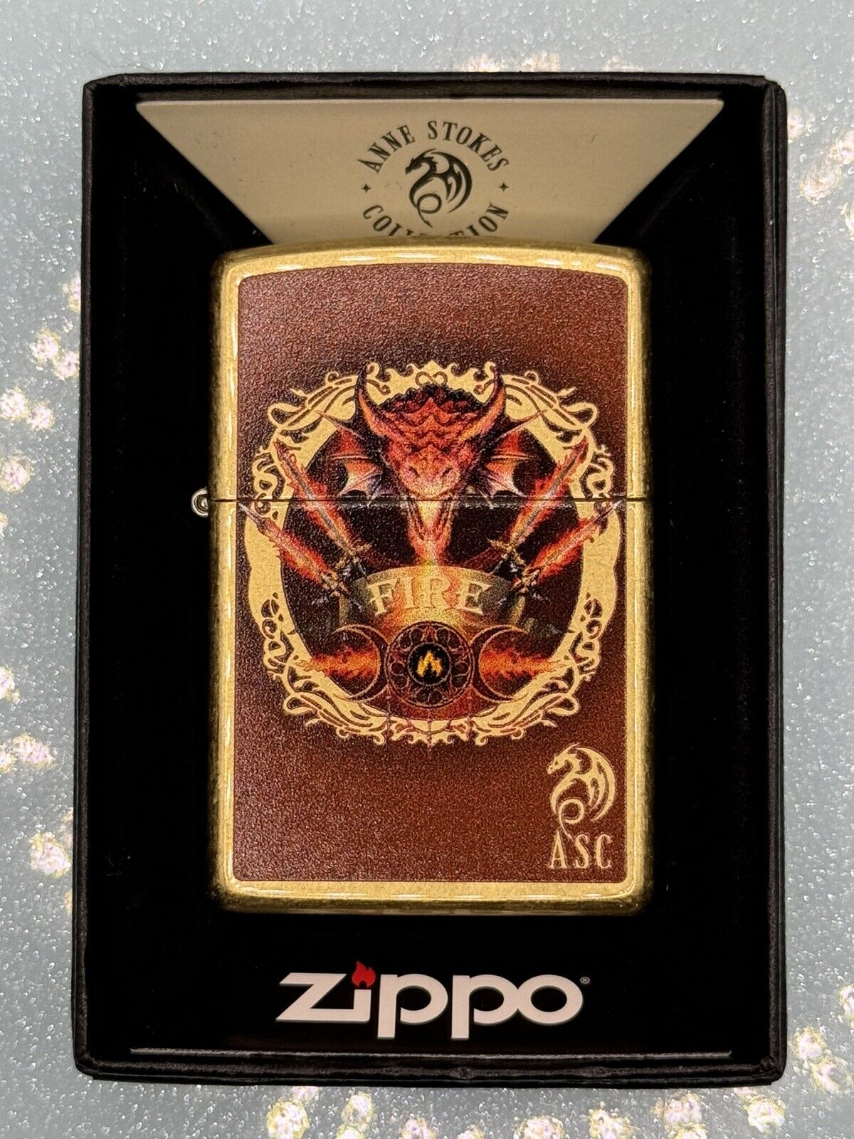 2024 Anne Stokes Fire Dragon 46408 Gold Zippo Lighter NEW