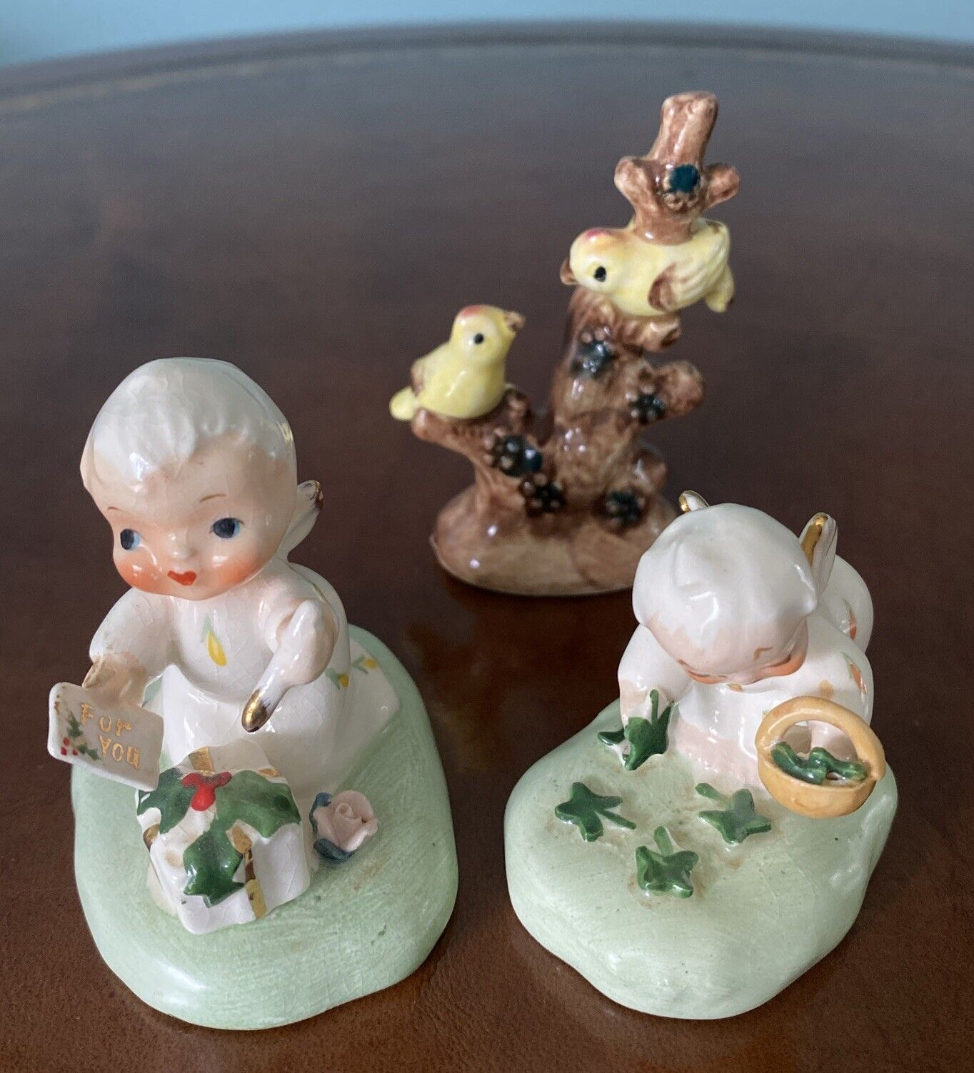 Napco Vintage Itsy Bitsy Angel Figurines X2”wishing You Luck” & For You