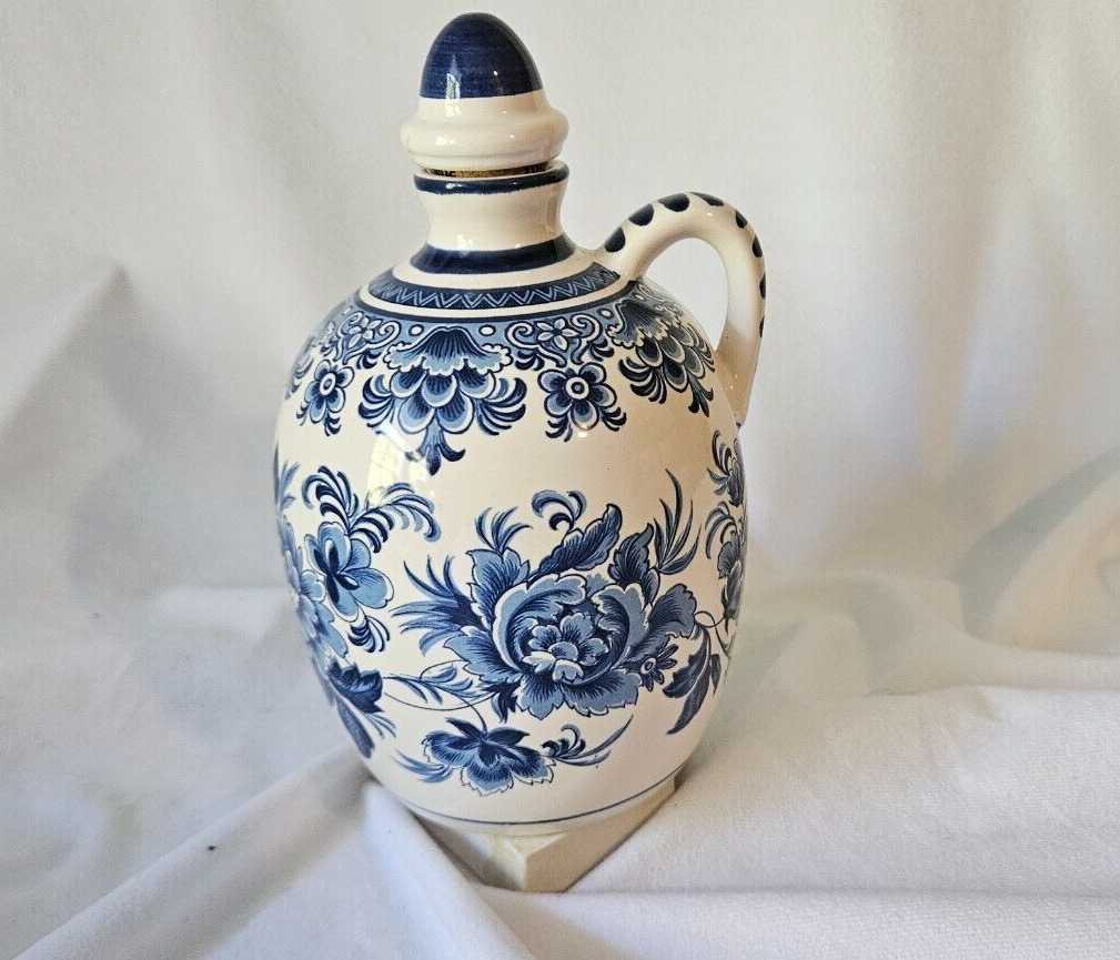 Vintage Ulmer Keramik Decanter Jug w/Hand-painted Blue & White Flowers Germany
