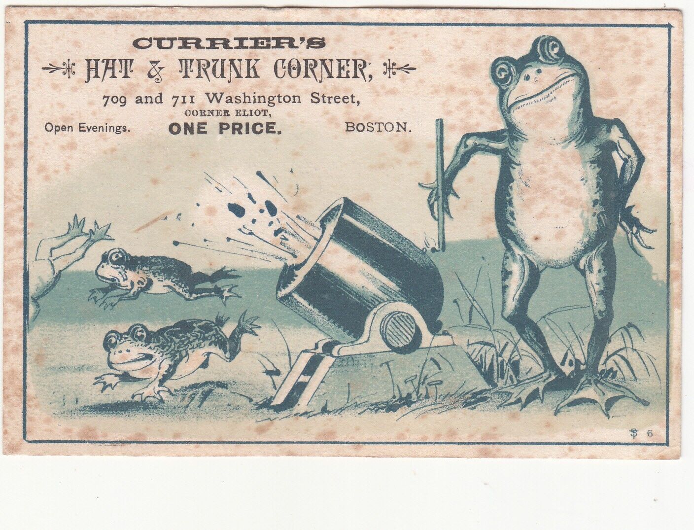 Currier\'s Hat & Trunk Corner Boston Frog Cannon Vict Card c1880s