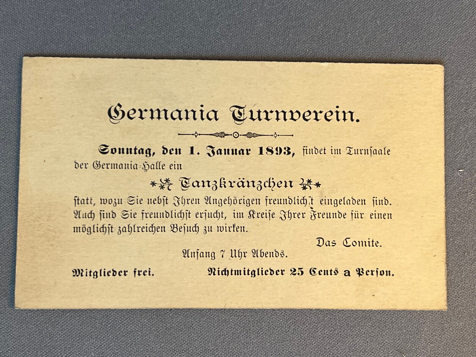 Adv., Germania Turnverein Invitation, American Turners, 1893