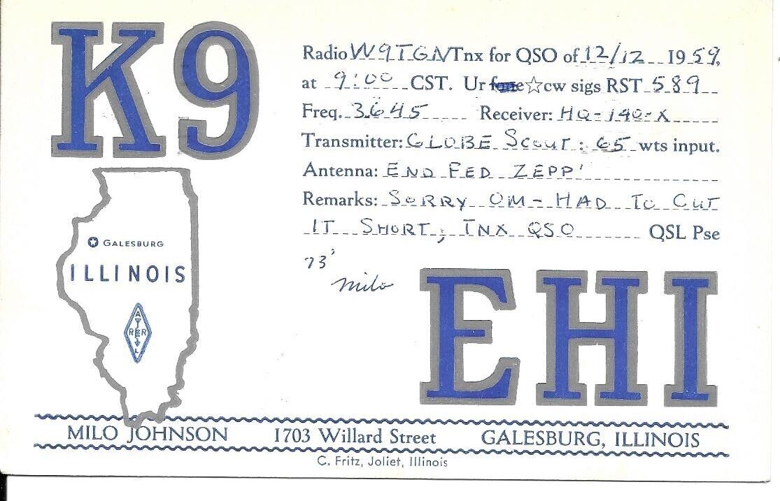 QSL  1959 Galesburg Illinois   radio card