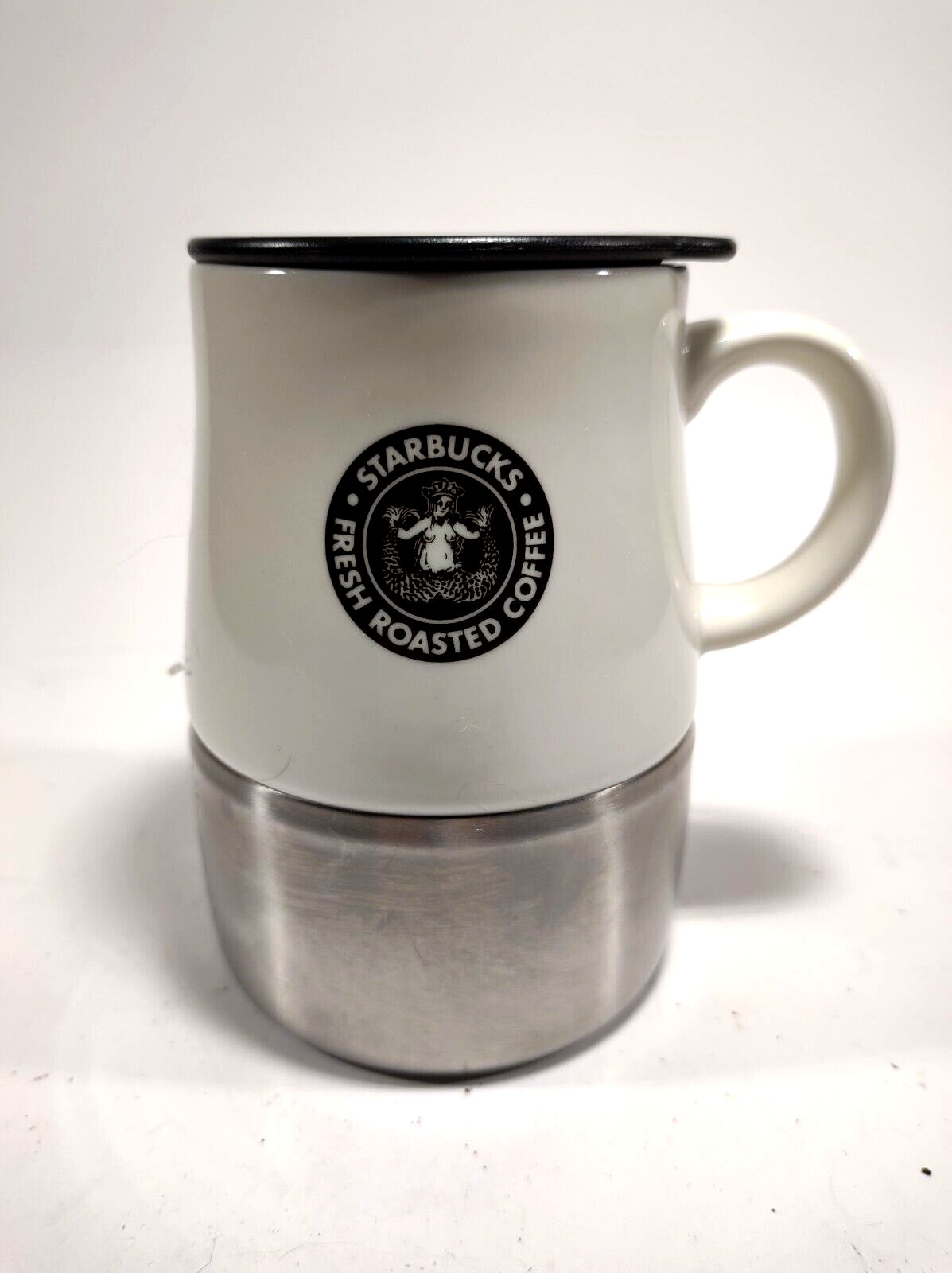 Starbucks Coffee Mug With Stainless Bottom White Ceramic Metal Cup 14 Oz 2004