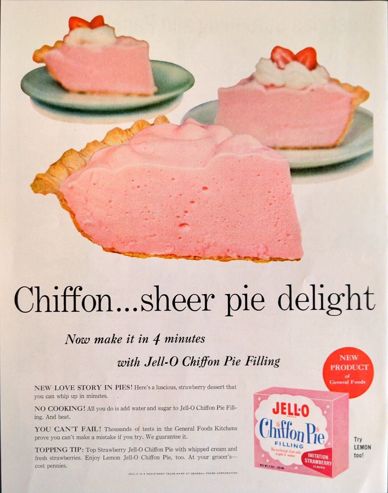 1958 Jell-O Chiffon Pie Filling Add Sugar Water Strawberry Flavor Print Ad
