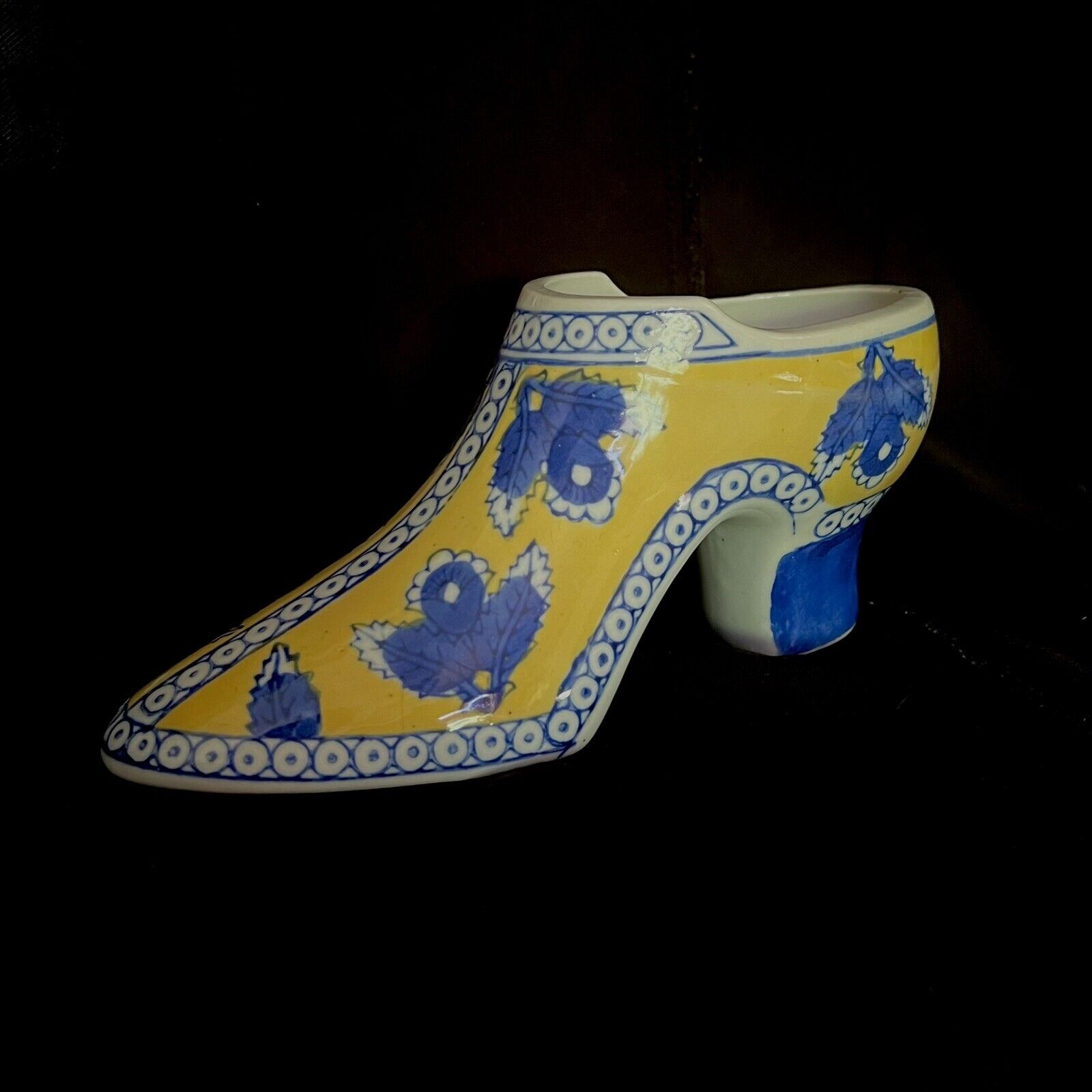 Vintage 7” Yellow & Blue Asian Style Ceramic Ladies Shoe Heel