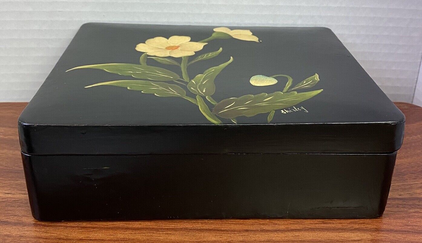 Vintage Lacquered Wood Hand Painted Hinged Box Signed Trinket Approx. 7\