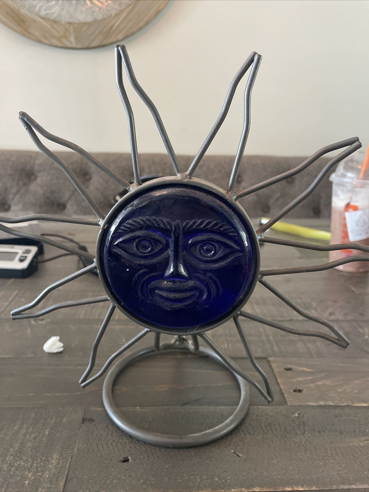 Vintage Celestial Standing Sun Face Glass Heavy Metal Candle Holder Boho JH6