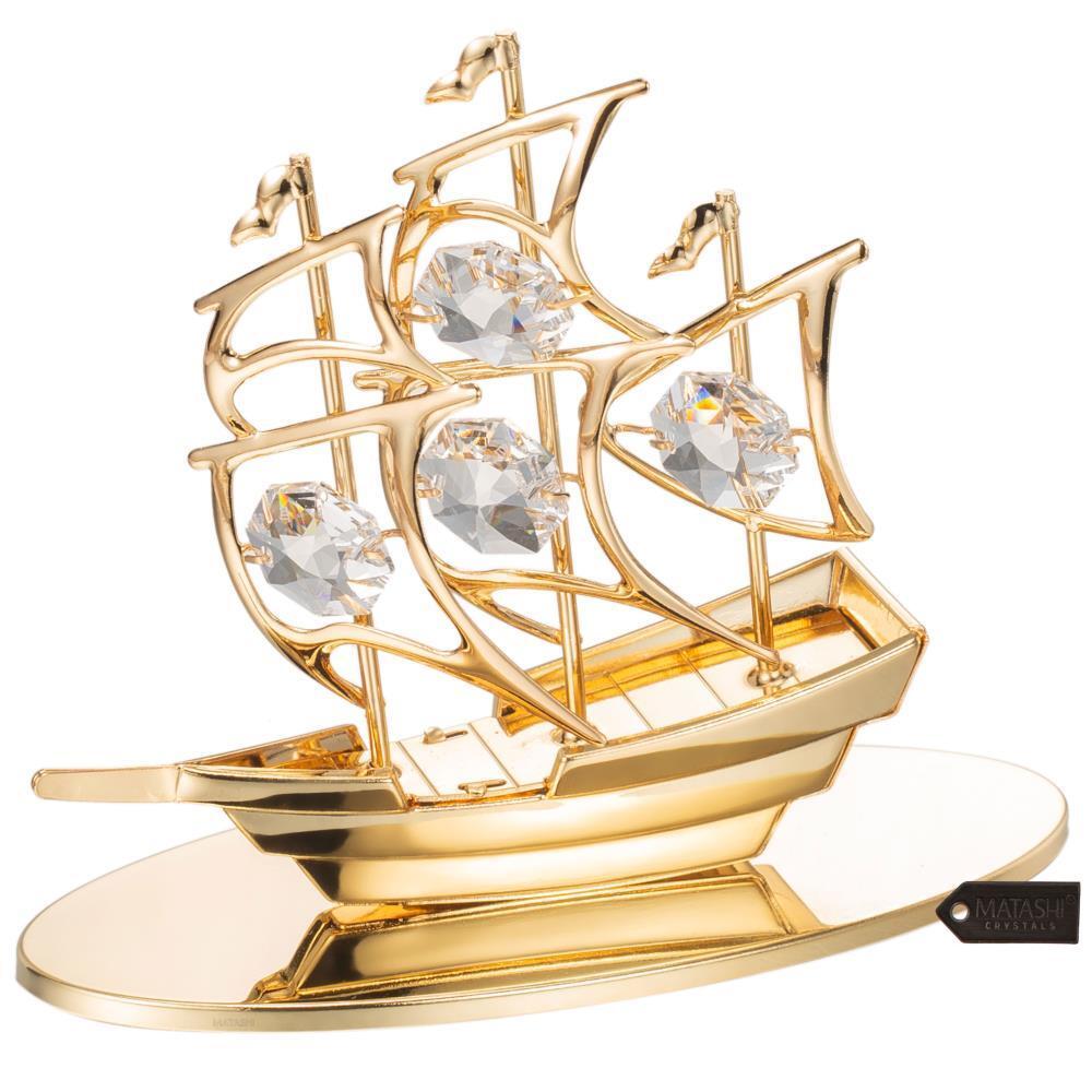 Matashi 24K Gold Plated Mayflower Sailing Ship Crystal Studded Decor Figurine