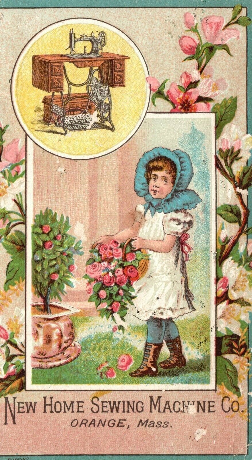 1880s-90s New Home Sewing Machine Co. Orange Co. Girl Holding Basket of Flowers