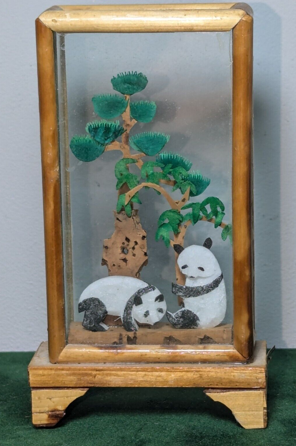 Miniature Hand Carved Cork Shadow Box Art Panda Bears Vintage Asian Estate Find