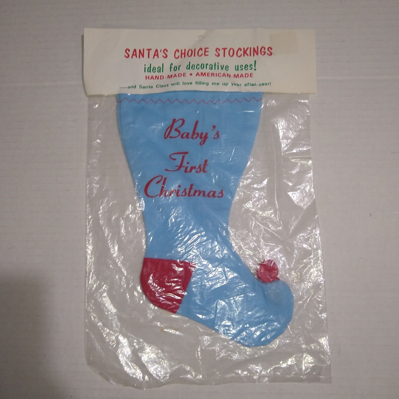 Vintage Baby's First Christmas Stocking NIP Blue Baby Boy 9 Inch 