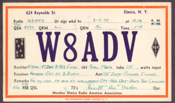 W8ADV Grant Doc Meeker Elmira NY QSL card 1935