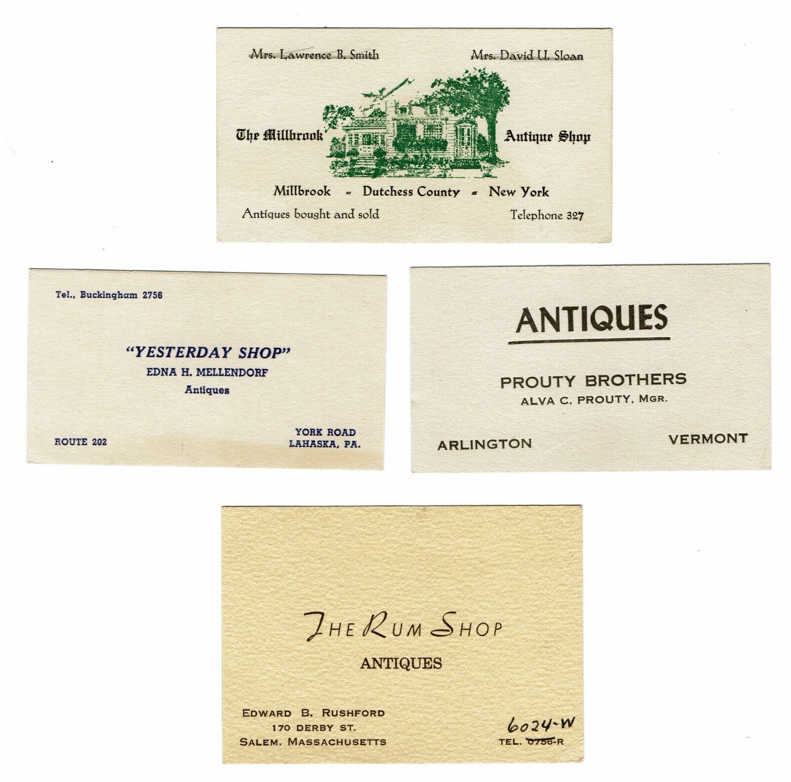 Vintage Antique Shop Business Cards Millbrook Dutchess NY Prouty Bros Rum Shop