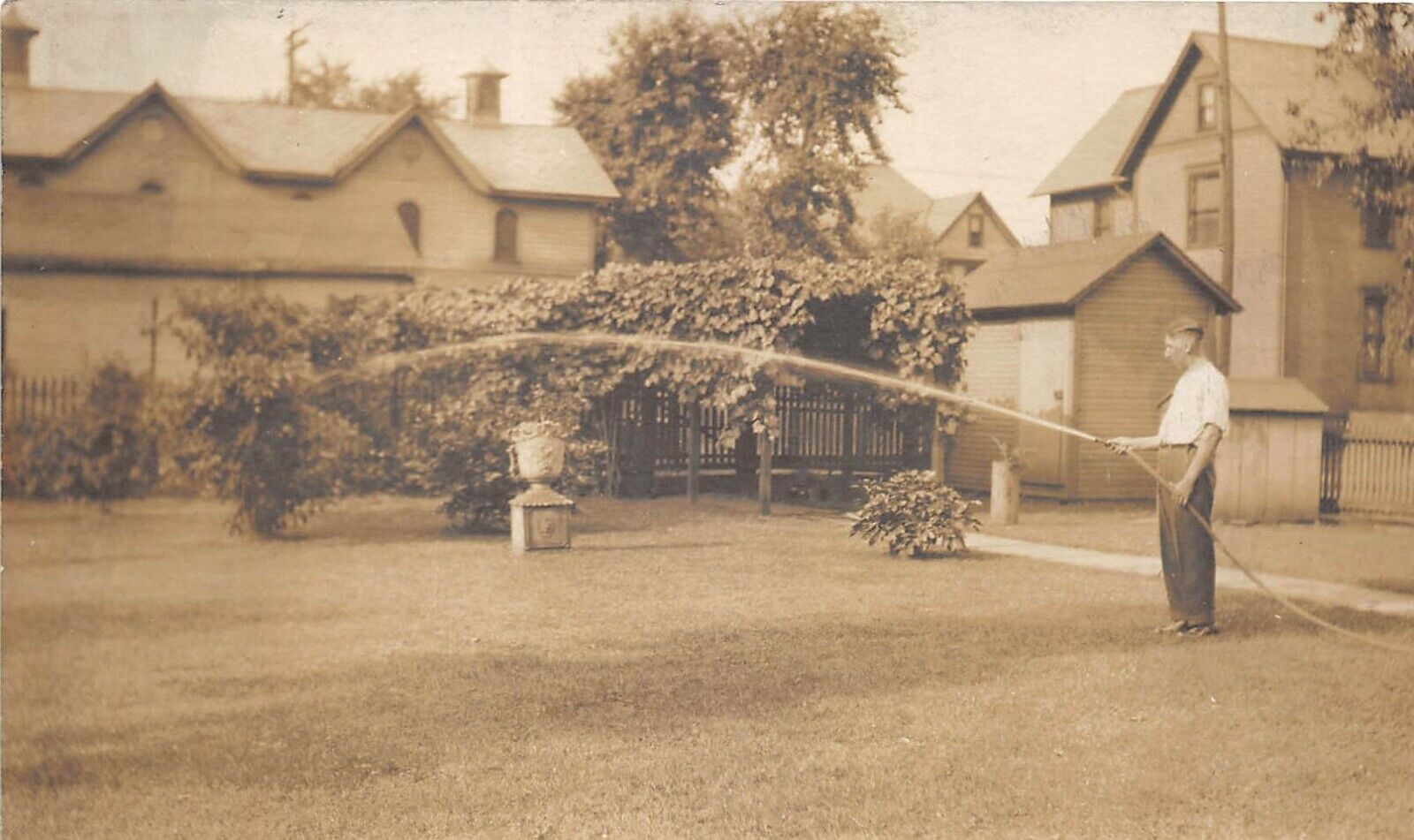 1910s RPPC Real Photo Postcard Man Watering Lawn Garden Hose