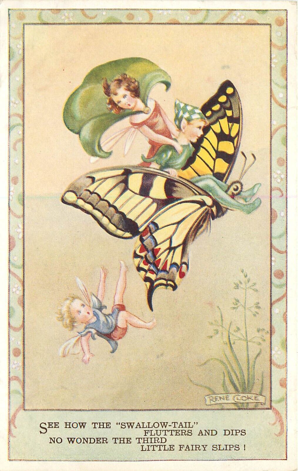 Rene Cloke Fantasy Art Postcard 4385 Fairies Riding Swallowtail Butterfly