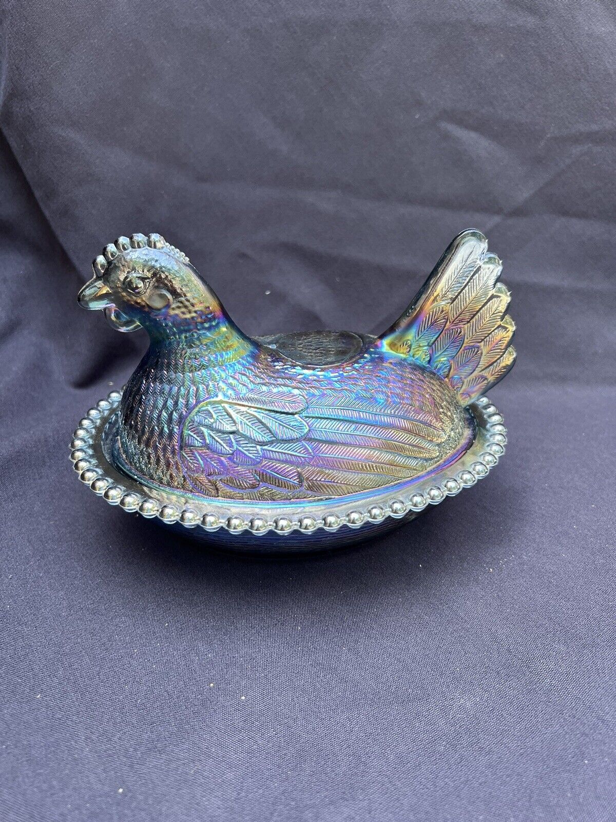 Vintage Iridescent Blue Indiana Glass Hen on Nest Candy Dish