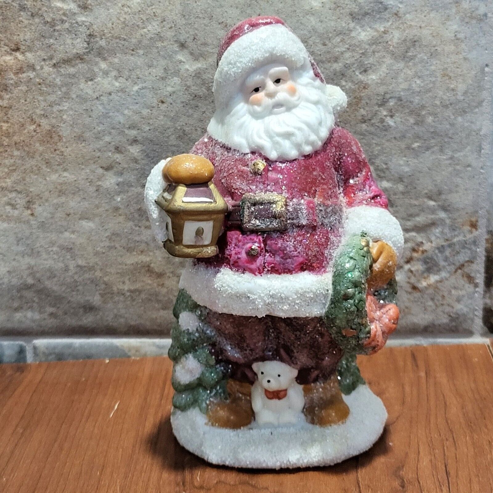 Vintage Ceramic Santa Claus Holding Wreath and Lantern Glittered Christmas