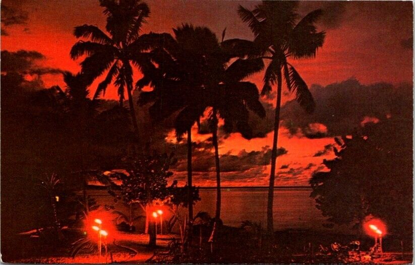 Postcard Red Glow of Torches Compliment the Fiery Red Sunset Hawaii HI      1089