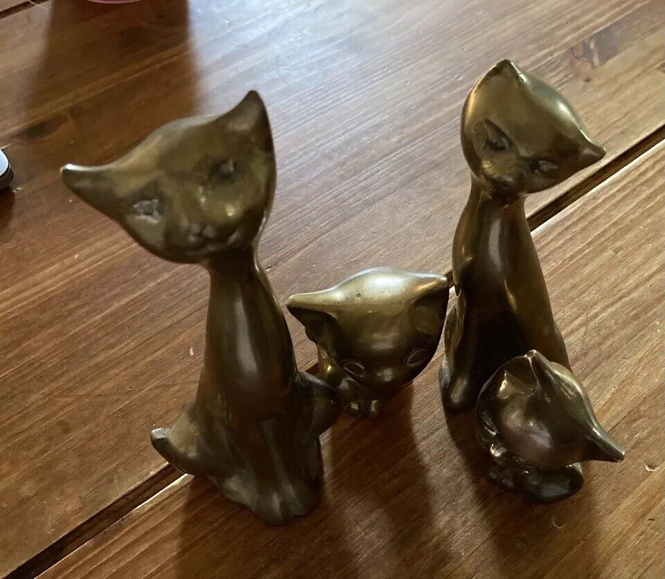 Vtg 2 Solid Brass Siamese Cat Figurines 7 1/8” & 7 5/8” Tall Mid Century Cats