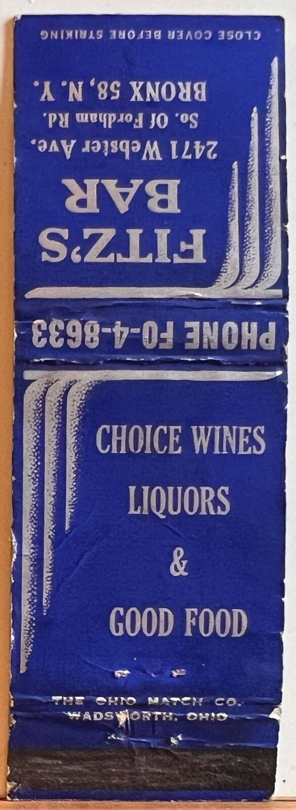 Fitz's Bar Bronx NY New York Choice Wine Liquors Vintage Matchbook Cover