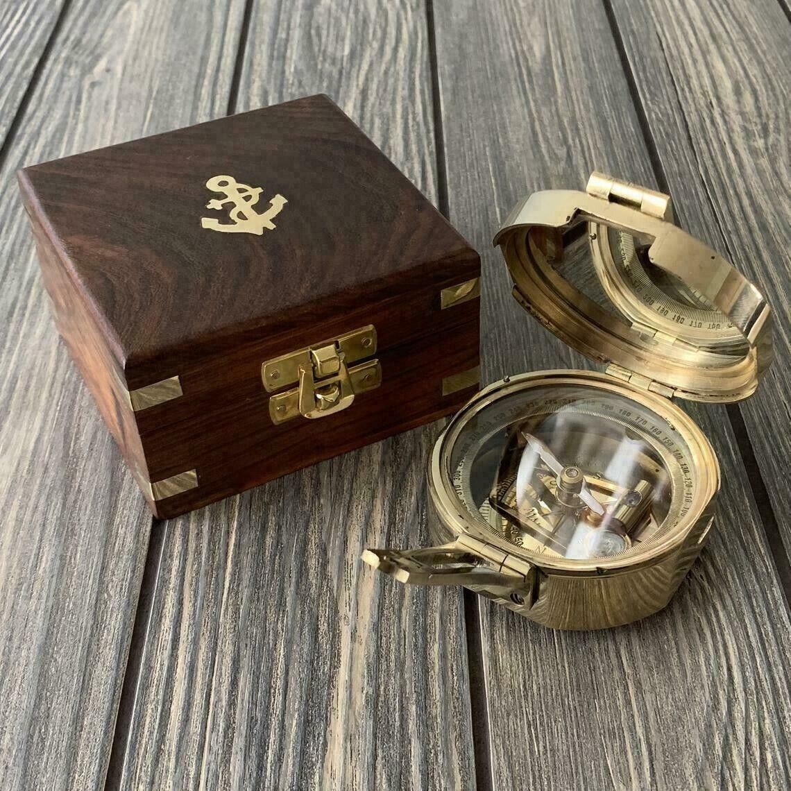 Brass Brunton Pocket Maritime Working Compass with wooden box Nautical Gift Item