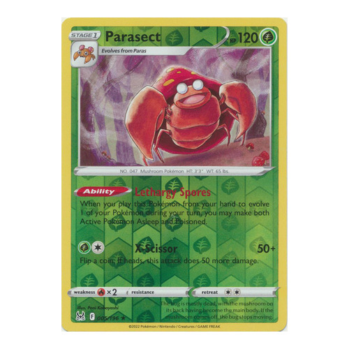 Parasect 005/196 Reverse Holo Rare Lost Origin Pokemon Cards Pack Fresh Mint
