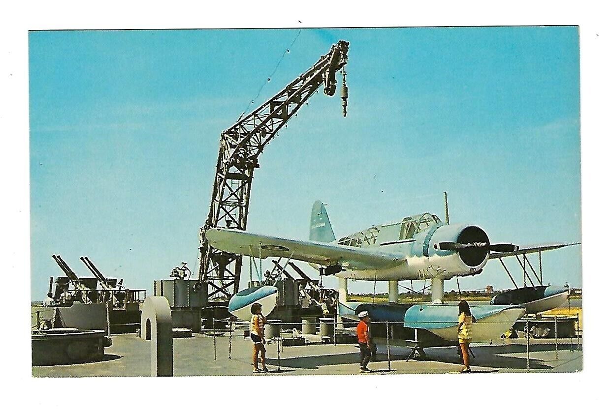 c1960's Aviation Postcard USS Alabama Battle Ship, OS2U-3 Kingfisher