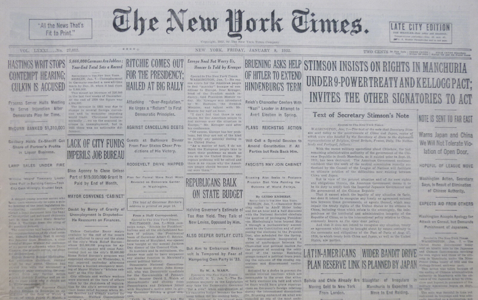 1-1932 January 8 MANCHUKIA RIGHTS BRUENING HITLER. KELLOGG PACT INVITES TO ACT