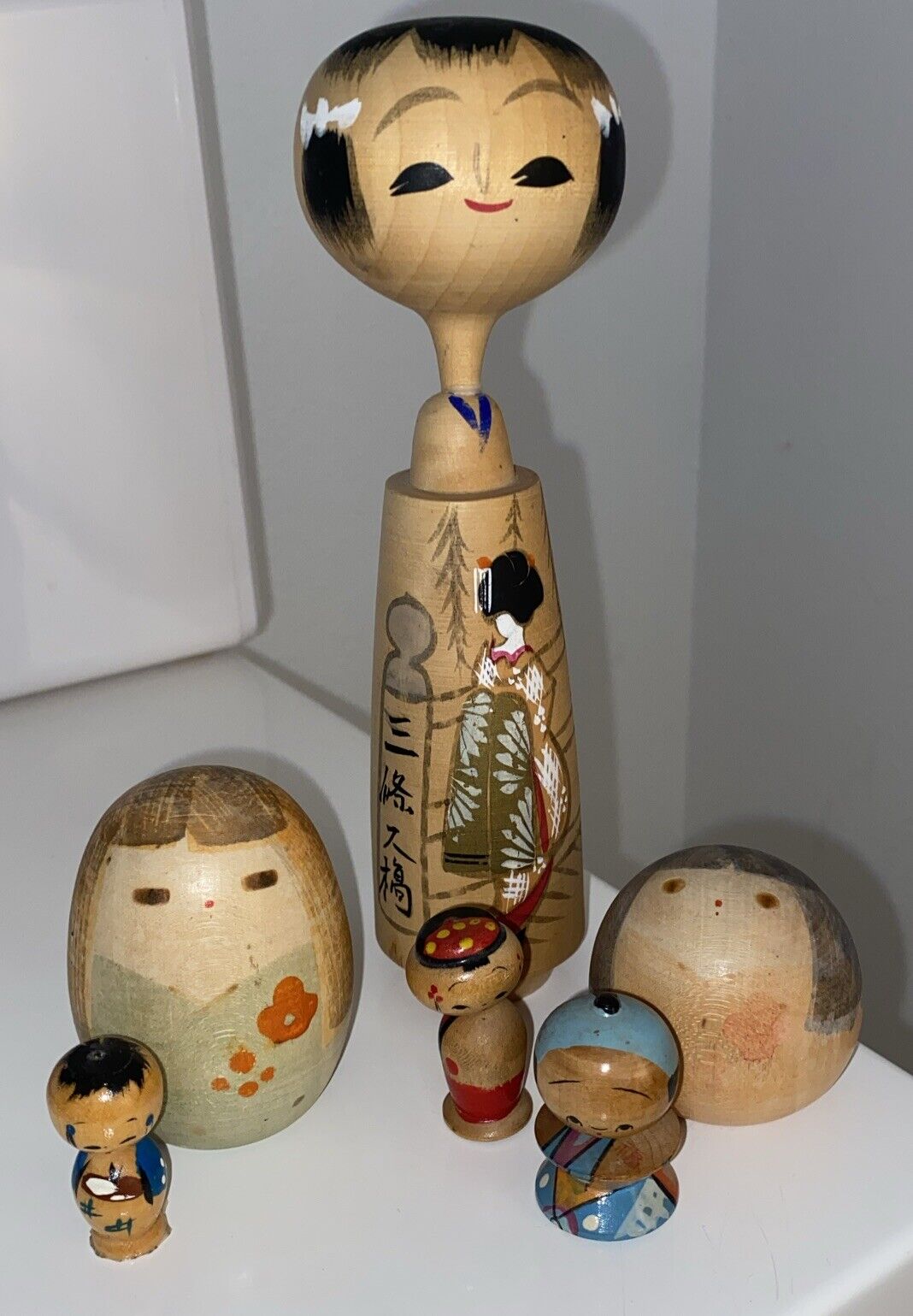 Vintage Japanese Traditional Woodcarving Kokeshi 6 Dolls Artisan Handcrafted