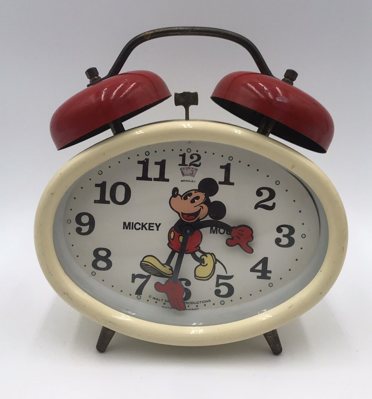 VINTAGE OVAL WHITE AND RED MICKEY MOUSE ALARM CLOCK.BRADLEY.GERMANY