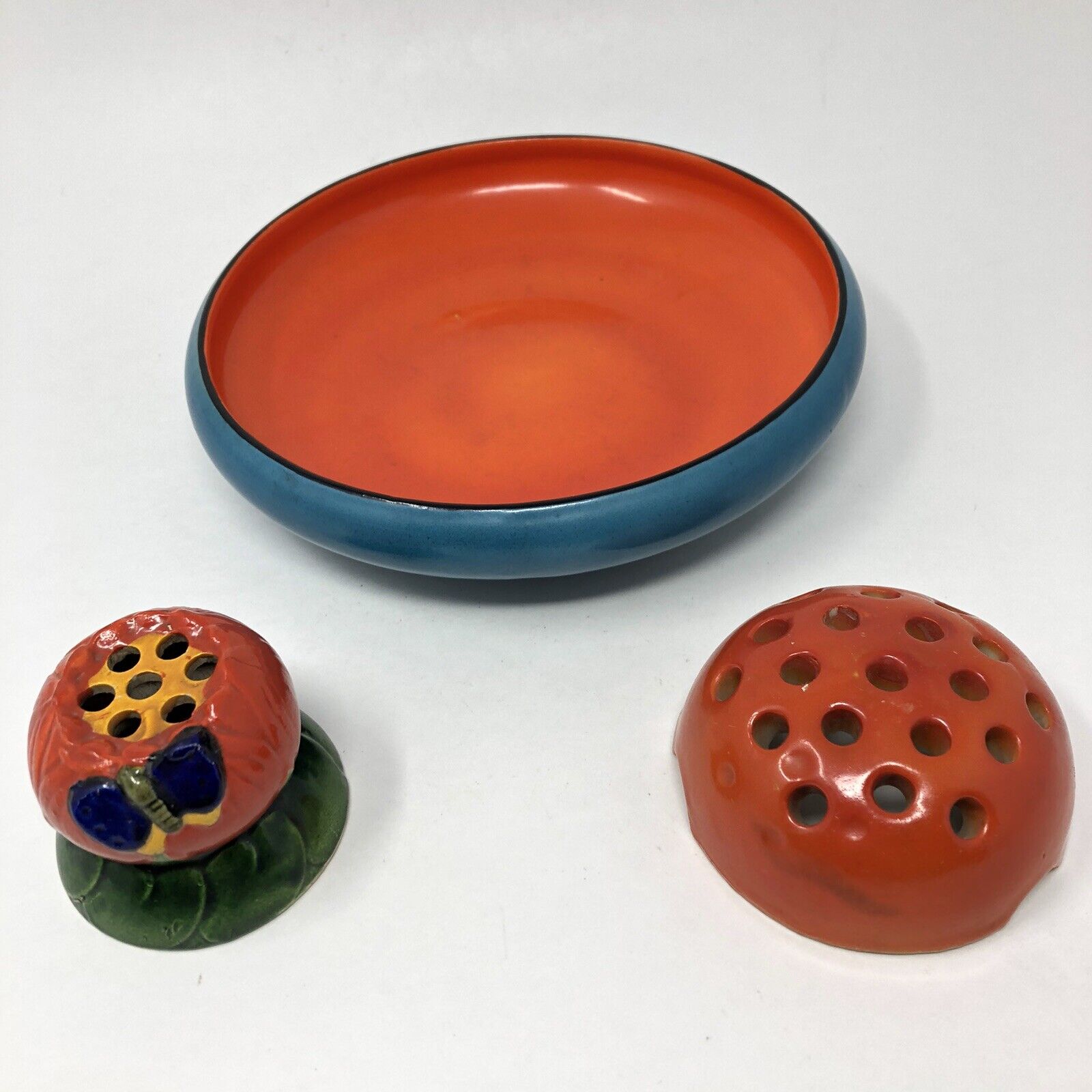 Vintage Czechoslovakia Pottery Low Bowl Planter Flower Frogs Orange Set of 3
