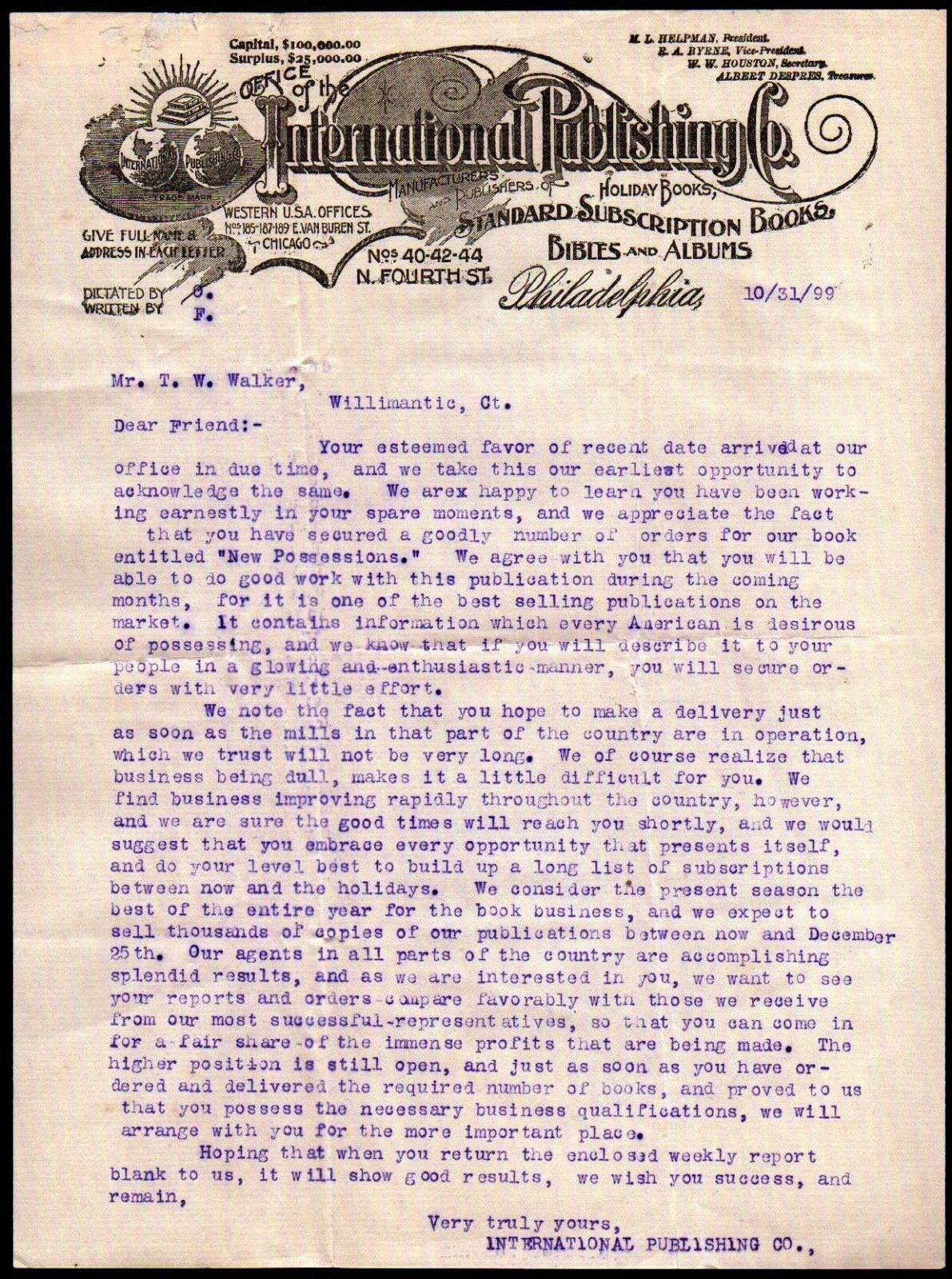 1899 International Publishing Co - Philadelphia PA - Bibles - Letter Head Bill