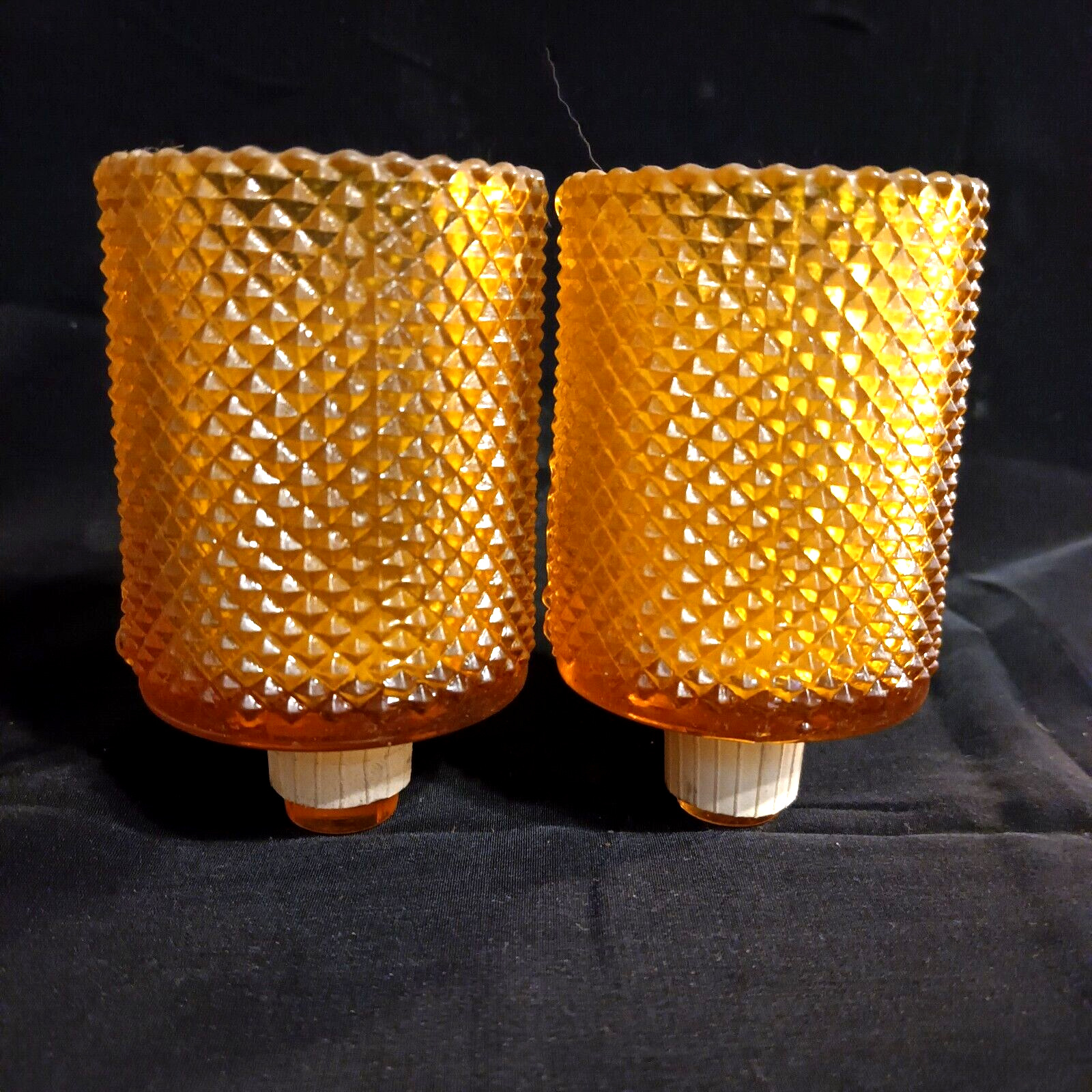 2 Diamond Cut Amber Glass Votive Candle Holder Peg Cups With Peg Sleeves.   OBO