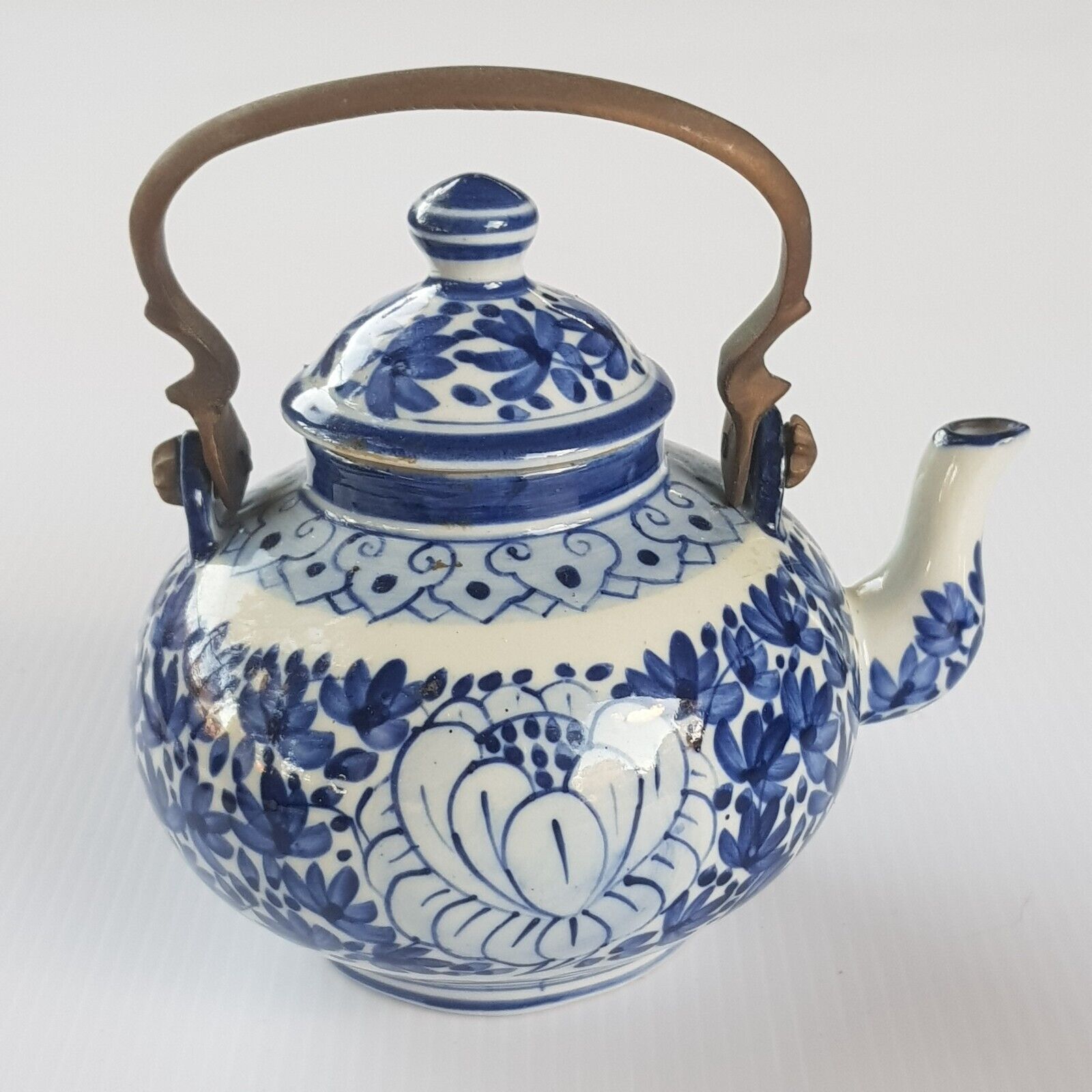 Miniature Blue and white tea pot 4.5 inchs lotus hand painted Porcelain Vintage