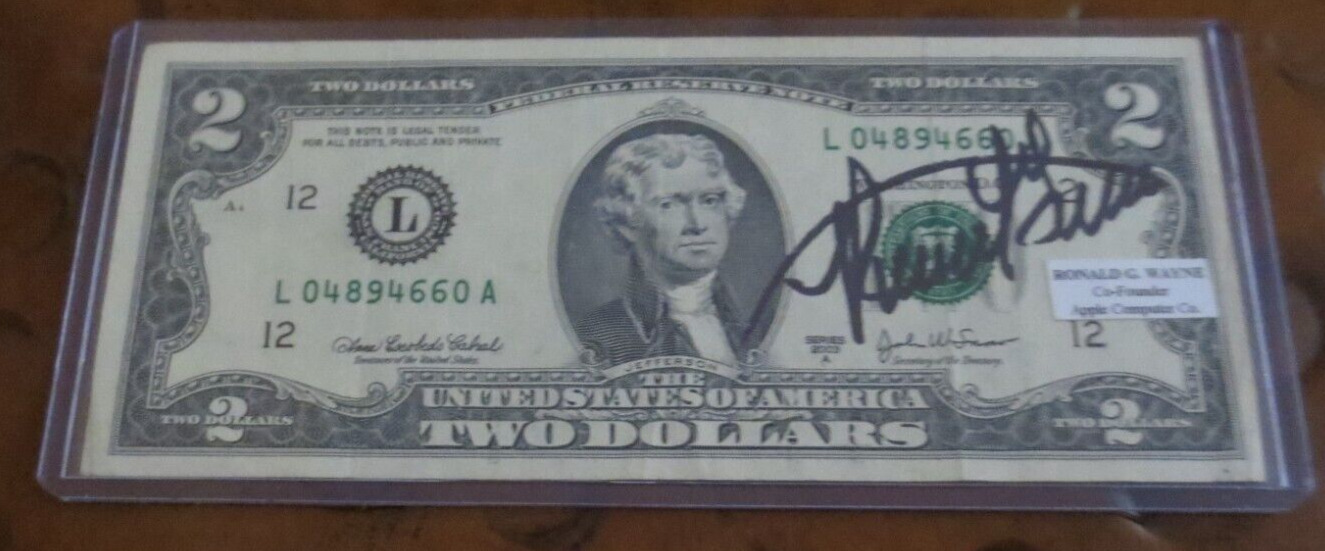 Ronald Wayne signed autographed $2 dollar bill co-founder Apple Computer Company