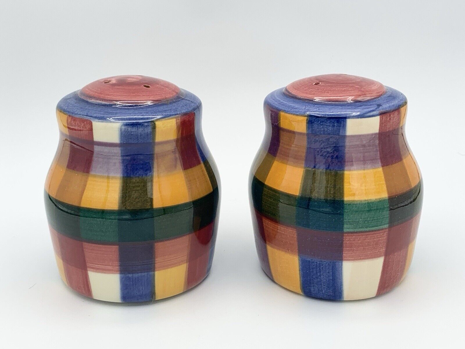 Vintage L. Pierce Pottery Salt & Pepper Shakers Hand Painted Plaid Colorful Pair