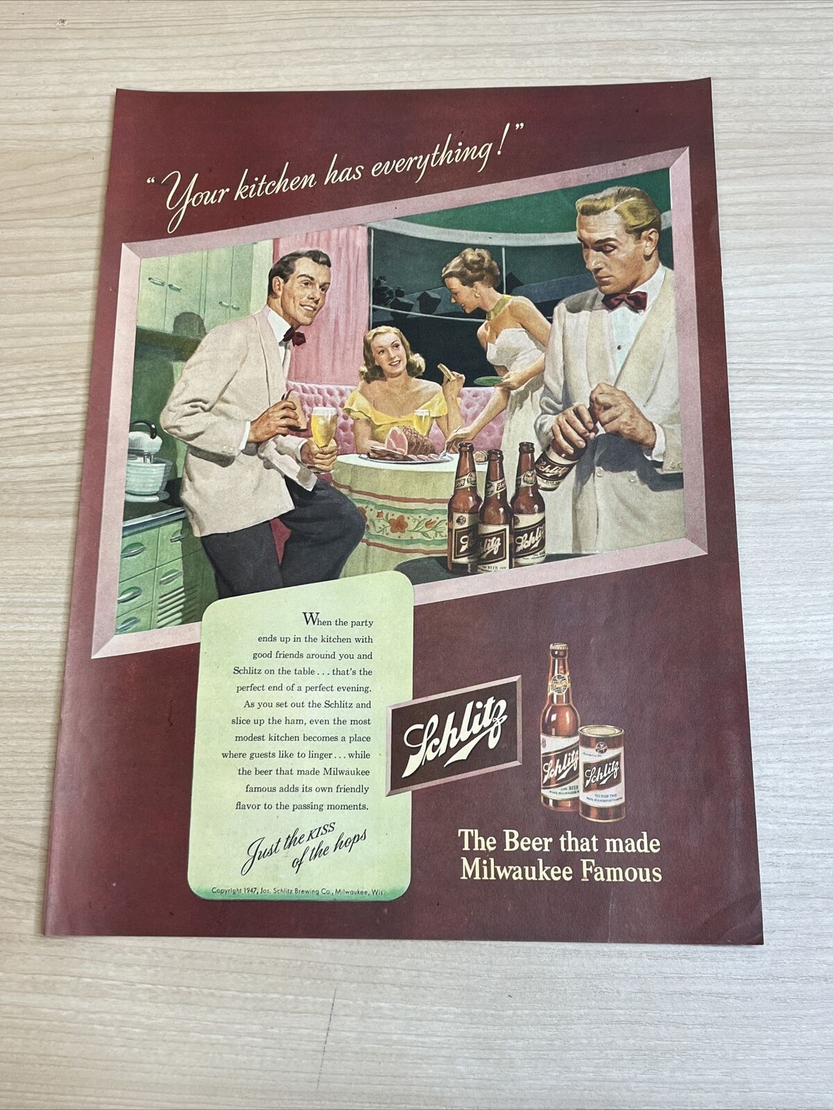 1947 Schlitz Beer Vintage Print Ad Life Magazine Party Kitchen