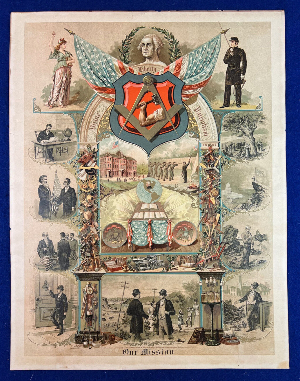 Antique 1891 Masonic Poster Virtue Liberty Patriotism Freemason Firing Squad