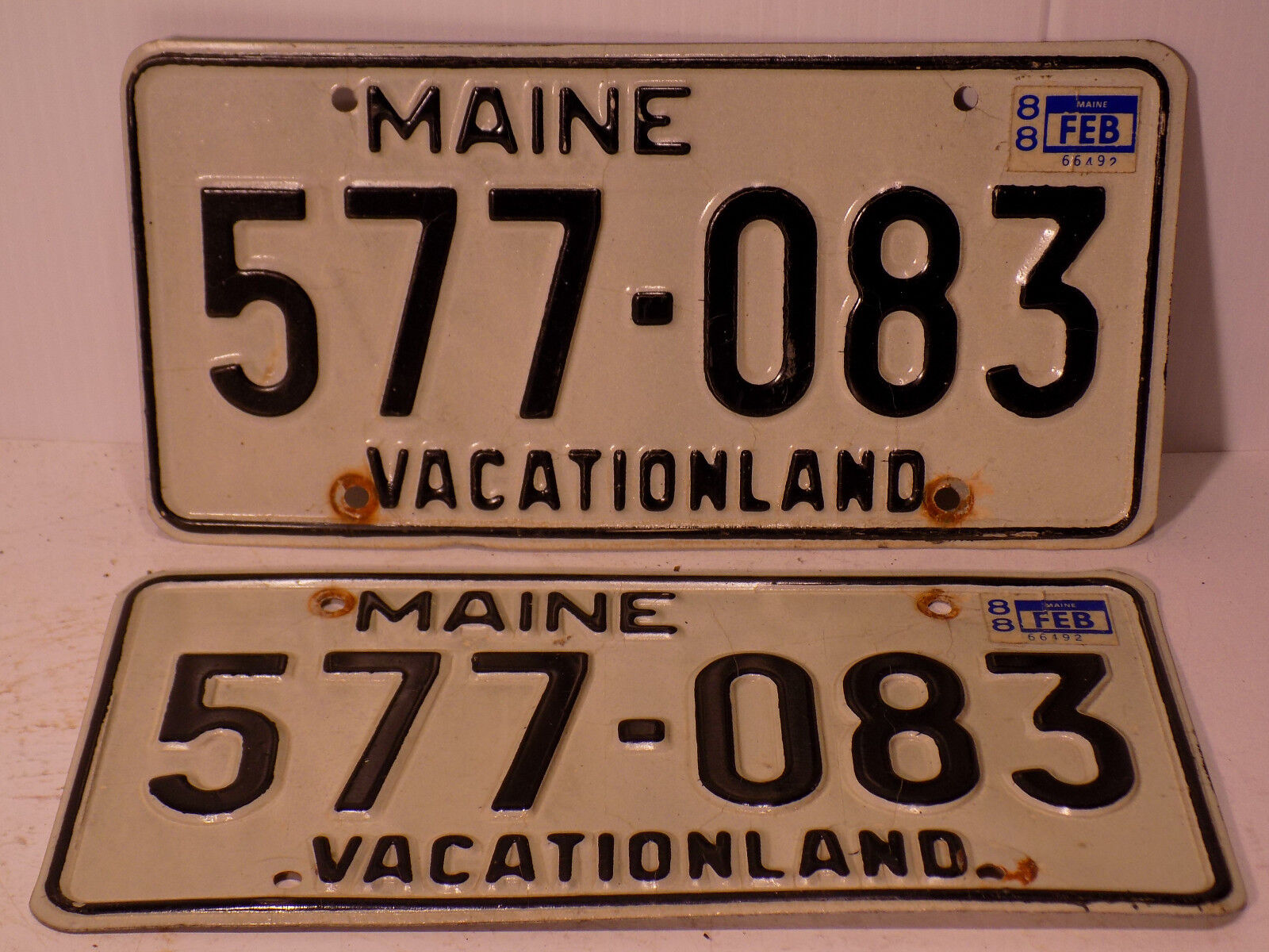 1988 Maine License Plates #577-083 Pair of  Passenger Car, Exp Feb 1988 FreeShip