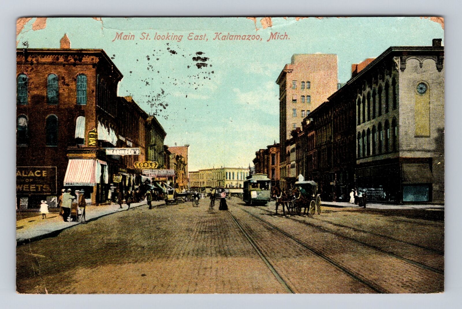 Kalamazoo MI-Michigan, Main Street Looking East, Antique Vintage Postcard