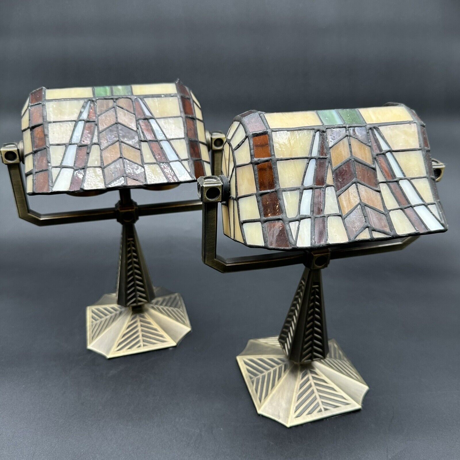 Set Of 2 PartyLite Deco Stained Glass Tiffany Style Tealight Holder Banker Lamp