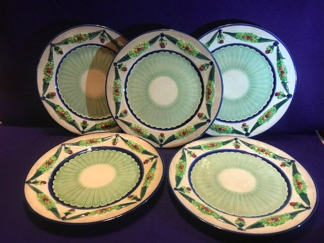 Five Beautiful Vintage Green & Blue Plates Made in Japan W- Age Fractures 1930\'s