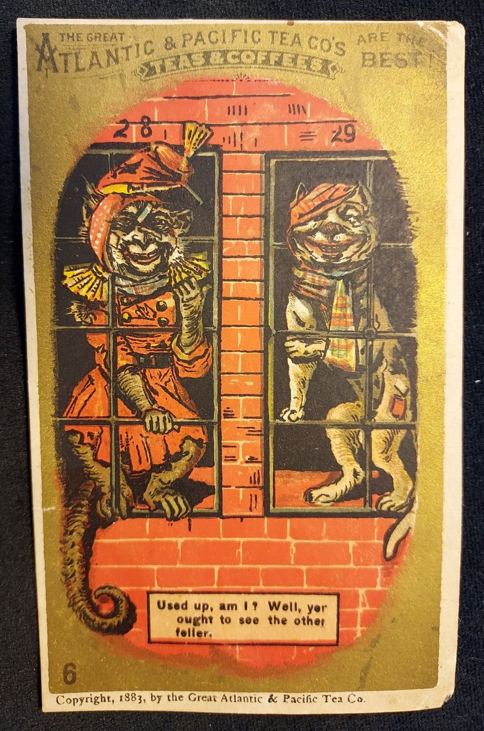 1883 Trade Card Great Atlantic & Pacific Tea Co Monkey Dog Prison Jail #6 Branch