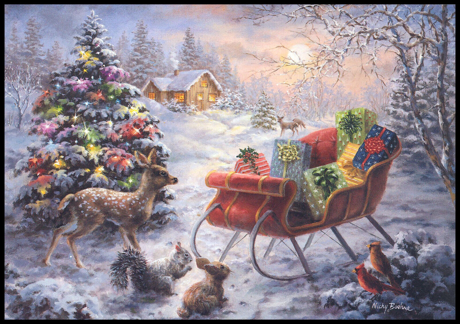 Greeting Card - Bird Deer Squirrel - Nicky Boehme - Leanin\' Tree Christmas 0390