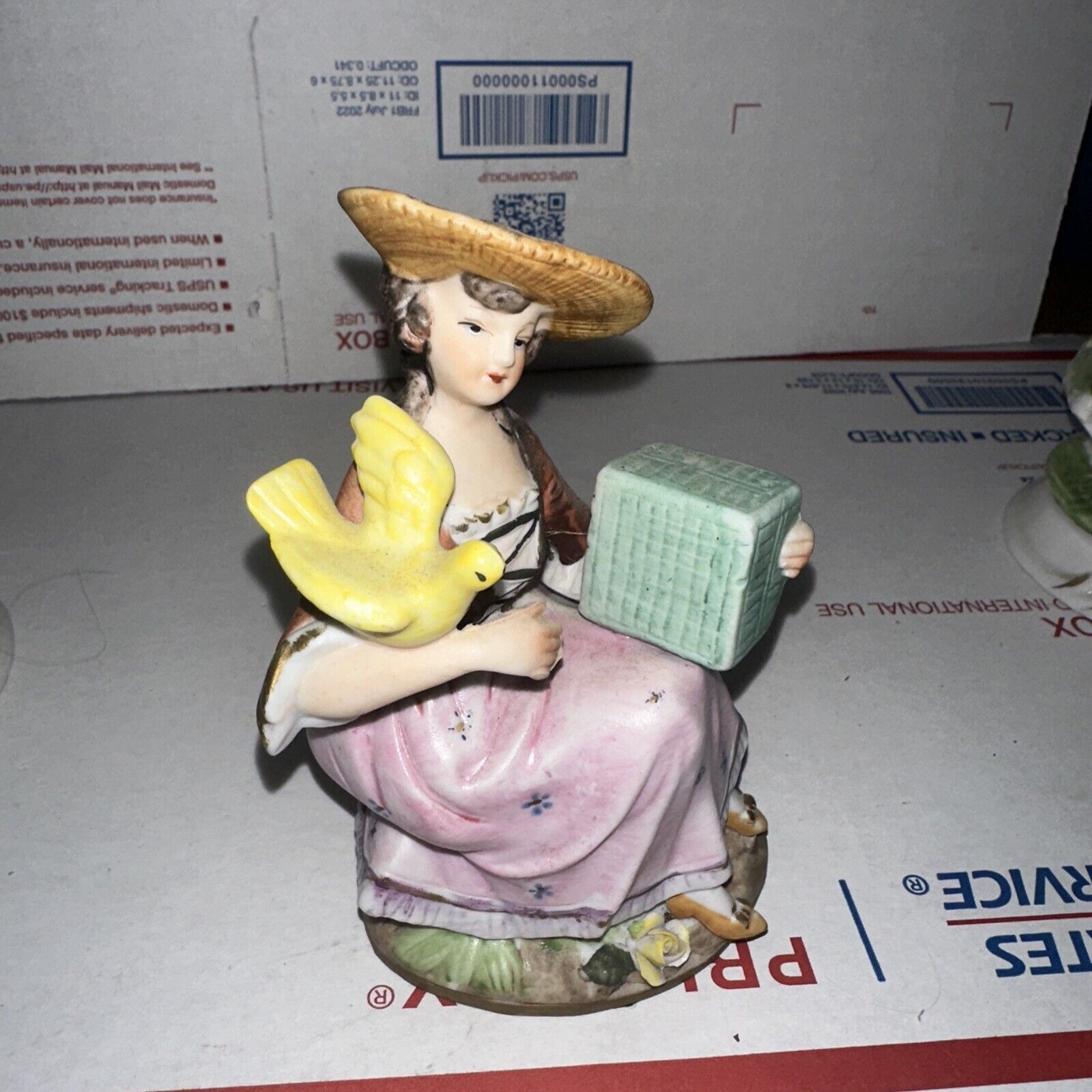 Vintage Ceramic Figure Women With Bird&Victorian England Dress Hat Yellow 1012
