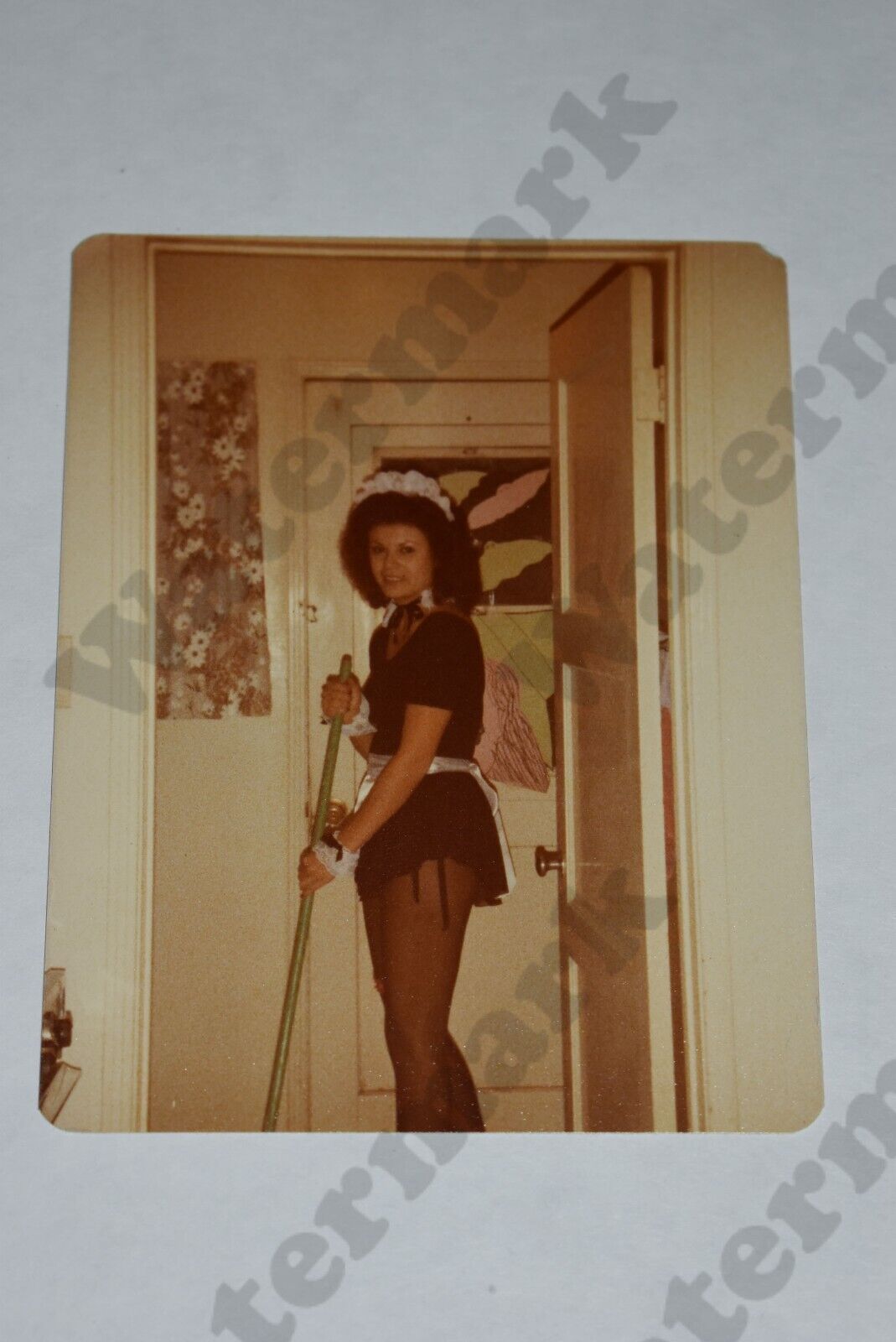1980s candid pretty brunette woman french maid costume VINTAGE PHOTOGRAPH  Hj