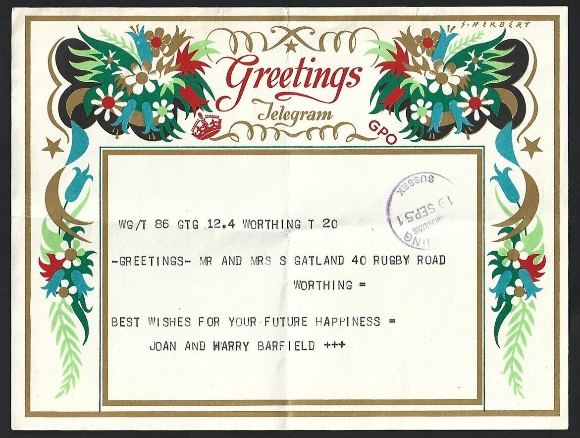(AOP) GB 1951 used greeting telegram