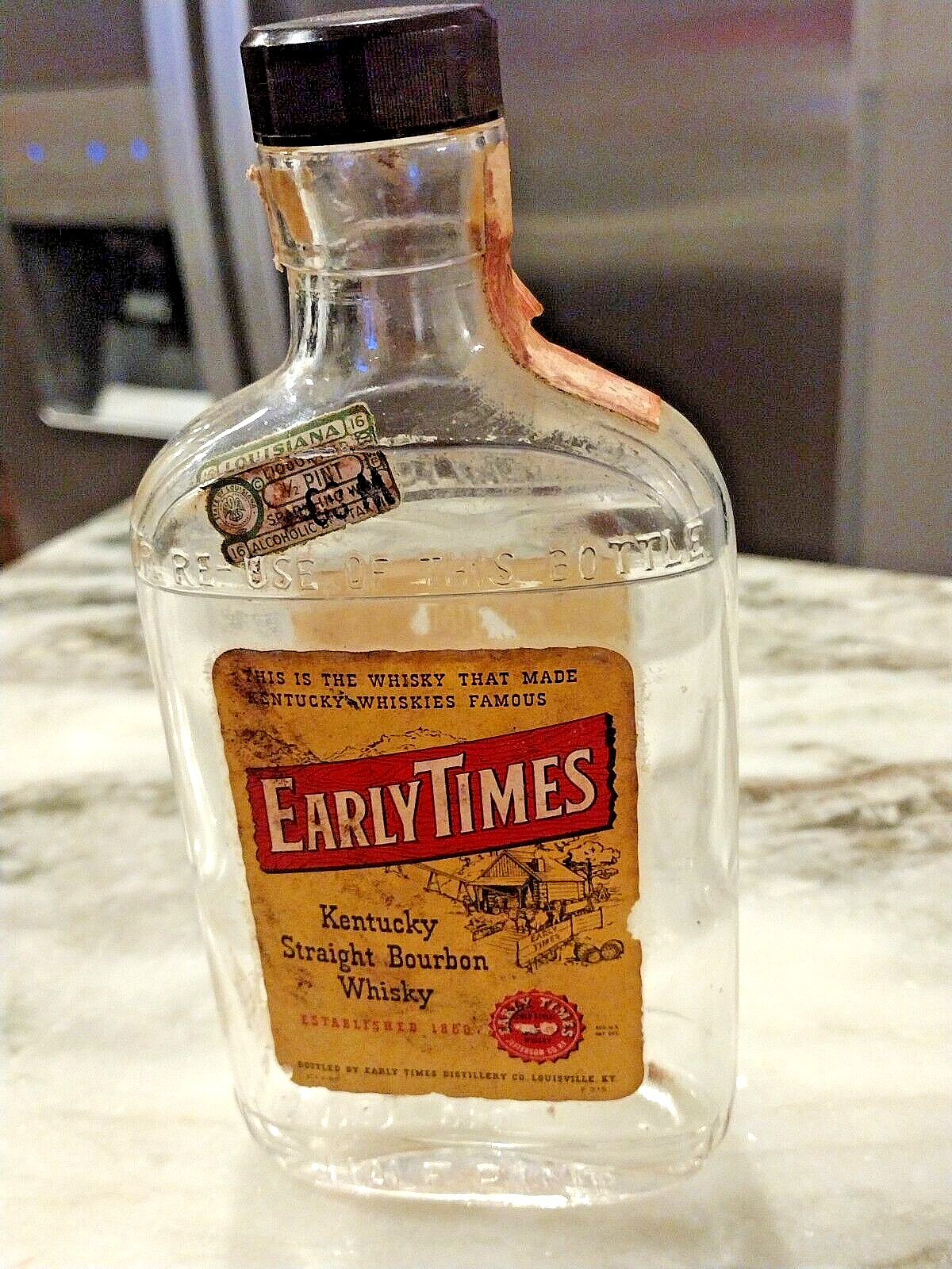 1957 EARLY TIMES  1/2 Pt Whiskey Bottle Louisville Ky Louisiana Stamp EMPTY